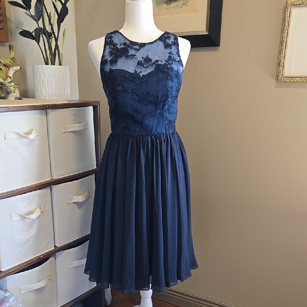 EUC Azazie Navy Lace/Chiffon Dress Size 4